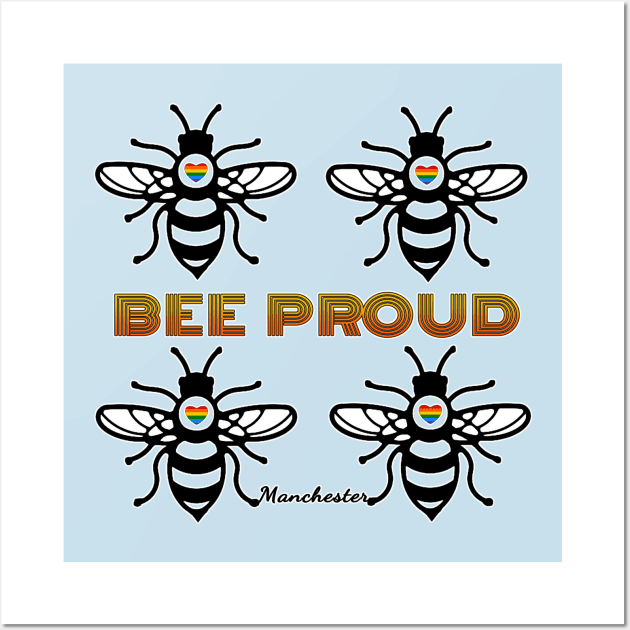 BEE PROUD. Celebrate Manchester Pride with this bee design with rainbow hearts Wall Art by Off the Page